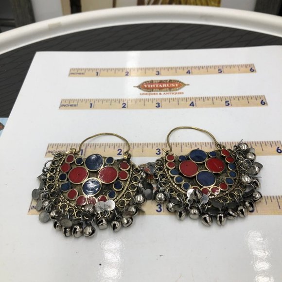 Red and Blue Kuchi Bali Earrings With Small Silver Bells, Ethnic Hoop Style Vint - Picture 4 of 4